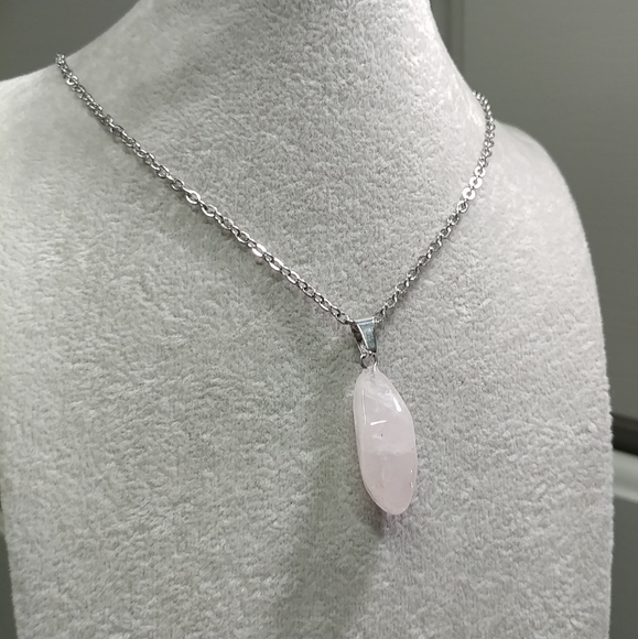 Rose Quartz Necklace Natural Gemstone Pink Crystal Pendant Stainless-Steel Chain - Picture 12 of 17